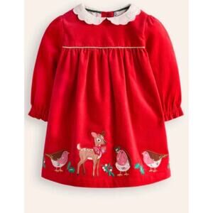 Mini Boden Appliqué Velvet Dress Poppy Red Size 0-3 Months Lined Lace Collar